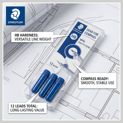 Ecommerce feature graphic with minimal pointers, translating key STAEDTLER compass lead specs into benefits (HB versatile line, 12 leads total), against a conceptual blueprint background.
