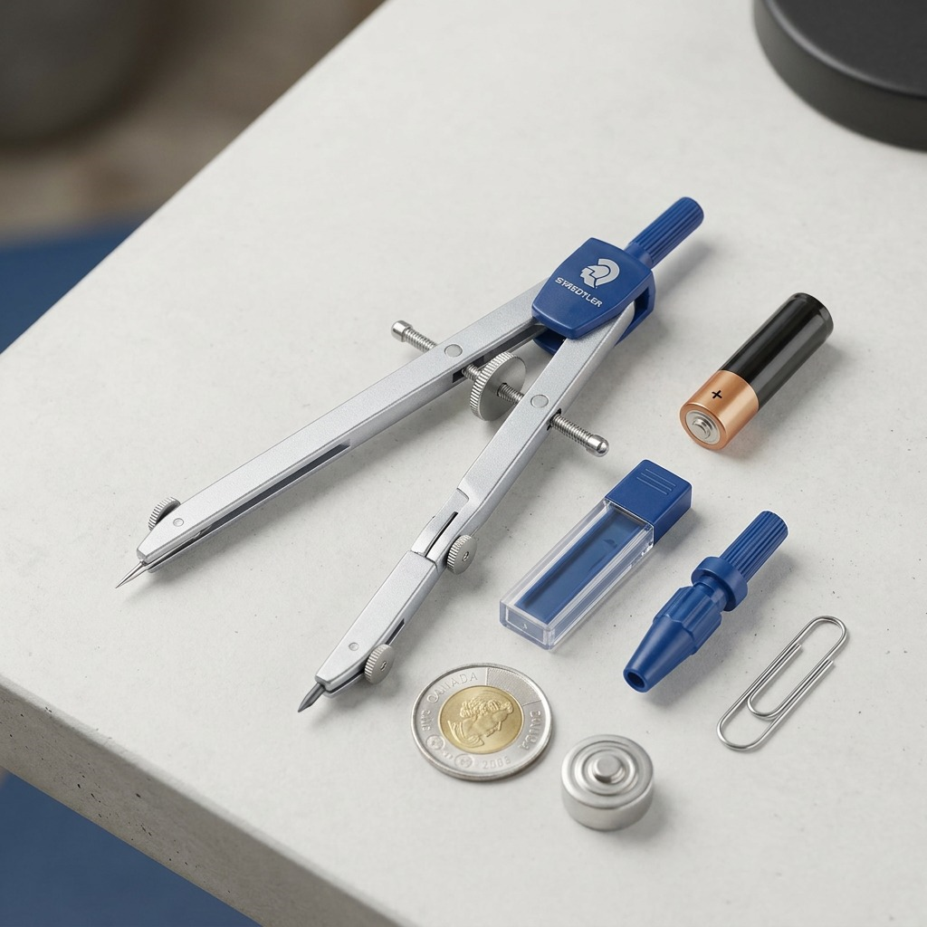 A scale reference photo showing the metal STAEDTLER compass set next to a standard AA battery and a pen.
