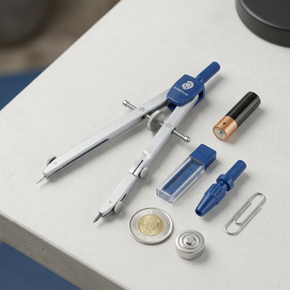 A scale reference photo showing the metal STAEDTLER compass set next to a standard AA battery and a pen.
