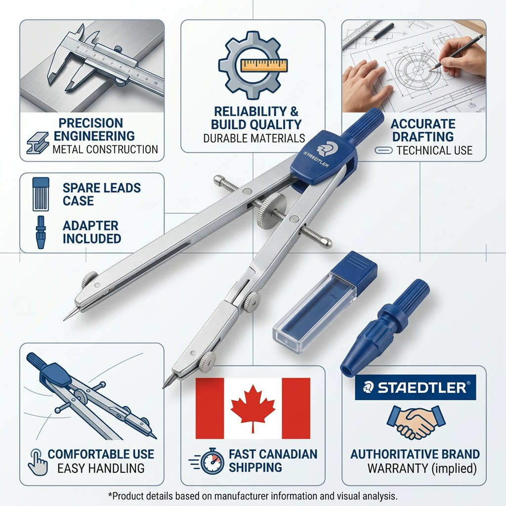 A trust and authority infographic for the STAEDTLER compass set with factual cues and icons.