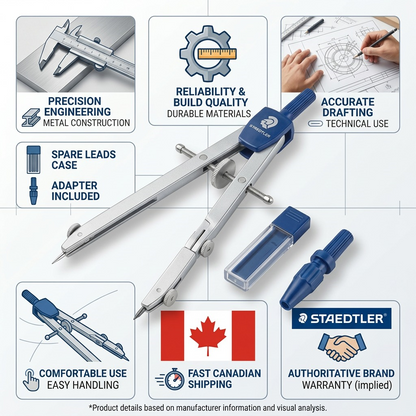 A trust and authority infographic for the STAEDTLER compass set with factual cues and icons.