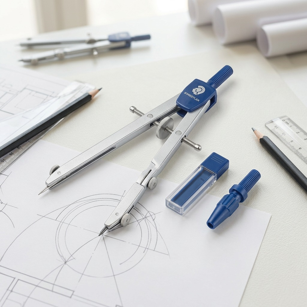 A close-up photograph of the STAEDTLER metal compass and accessories shown in image_0.png, resting on a white mat board with an pencil-drawn geometric blueprint, set within a well-lit architect's studio. Standard ecommerce/lifestyle viewpoint. No text on product or in scene.