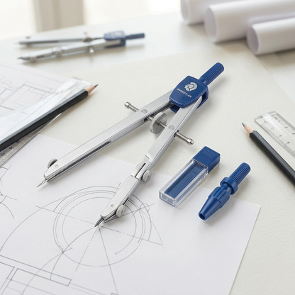 A close-up photograph of the STAEDTLER metal compass and accessories shown in image_0.png, resting on a white mat board with an pencil-drawn geometric blueprint, set within a well-lit architect's studio. Standard ecommerce/lifestyle viewpoint. No text on product or in scene.