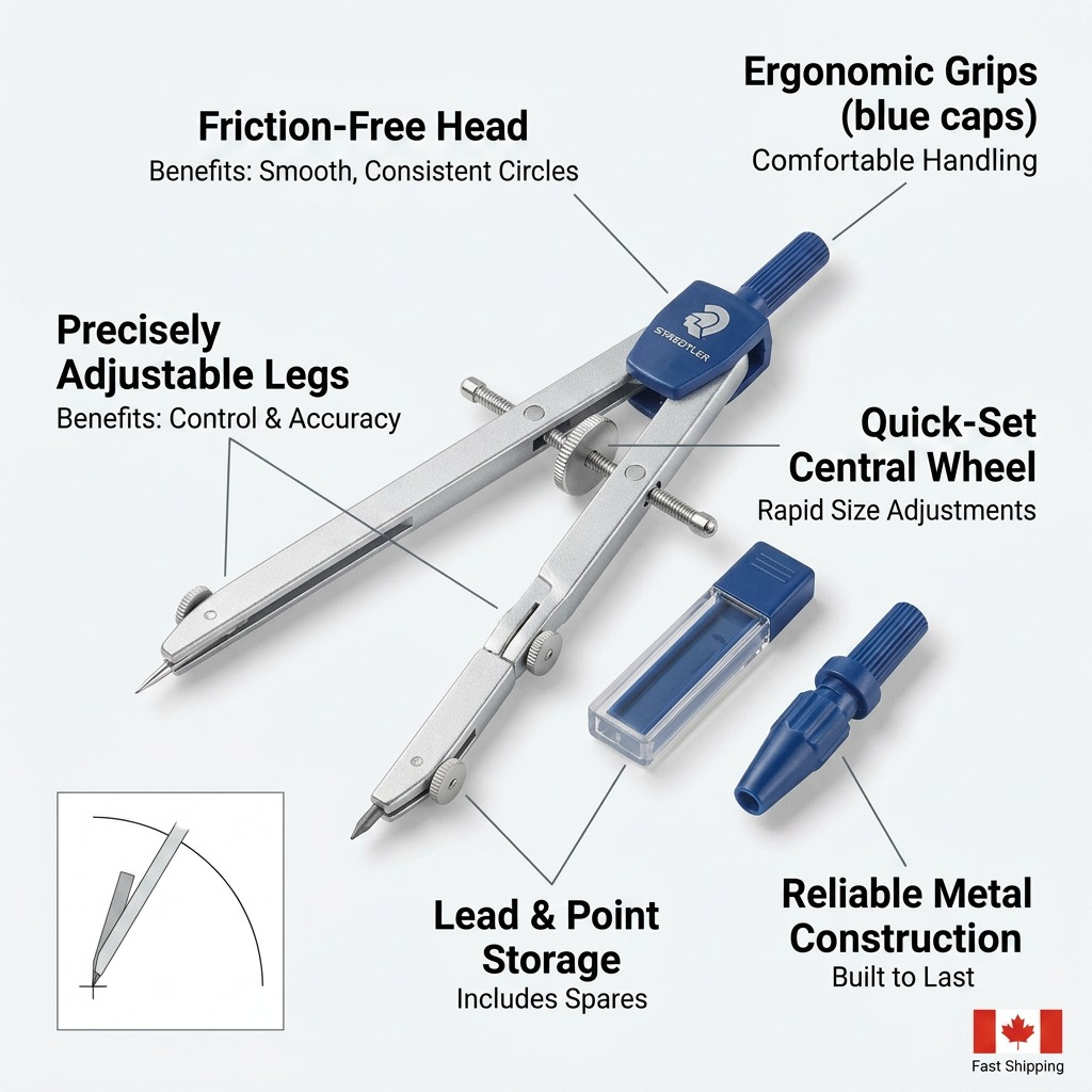 A clean callout diagram presenting the STAEDTLER metal compass set and its key features and benefits.