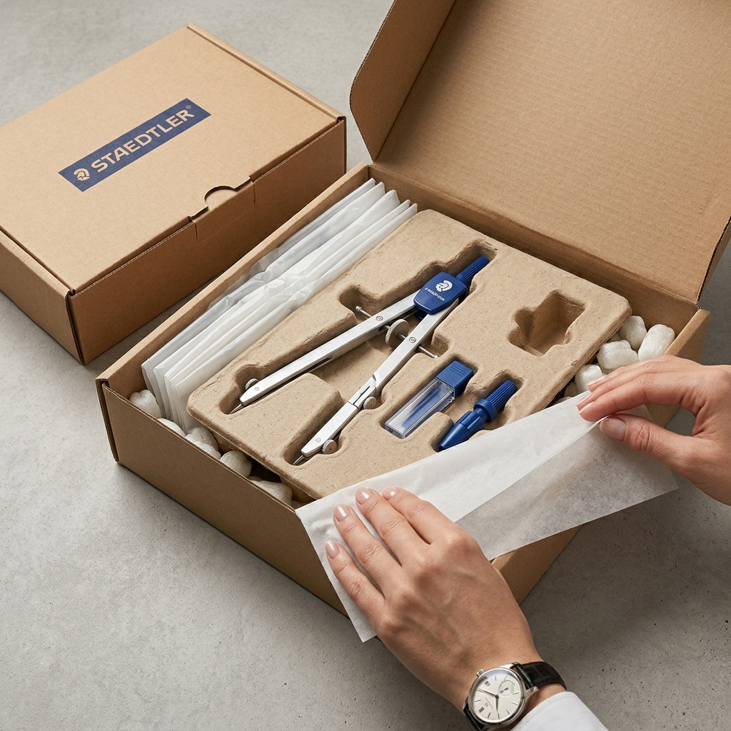 A person unboxing the specific STAEDTLER metal compass set from a protective corrugated box.