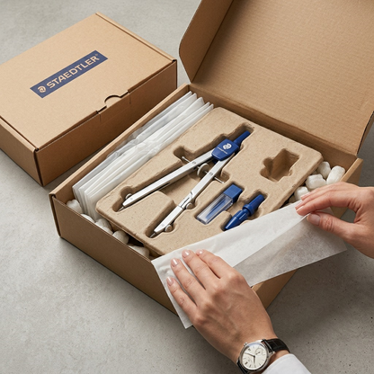 A person unboxing the specific STAEDTLER metal compass set from a protective corrugated box.