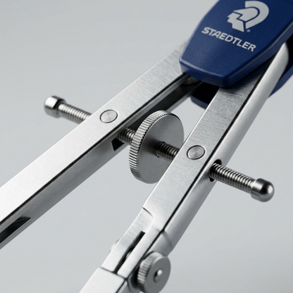 Macro view of the central knurled wheel and screw mechanism on the metal Staedtler compass.