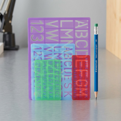 A photo of the Staedtler lettering guides scale reference image.