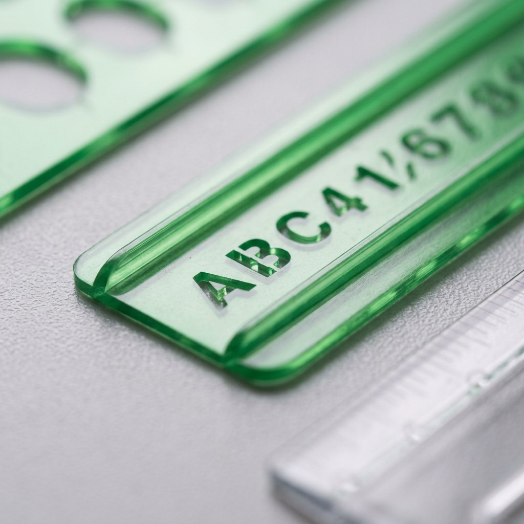 An extreme close-up photograph showcasing the precise die-cut details and material thickness of the purple lettering stencil.