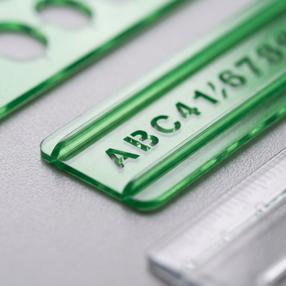 An extreme close-up photograph showcasing the precise die-cut details and material thickness of the purple lettering stencil.