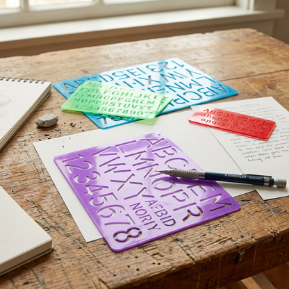 Lifestyle image demonstrating four STAEDTLER lettering guides on a worn wooden table with a mechanical pencil.