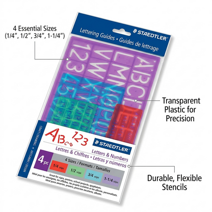 Feature graphic for STAEDTLER set with callouts: 4 Essential Sizes, Transparent Plastic, Durable Stencils.