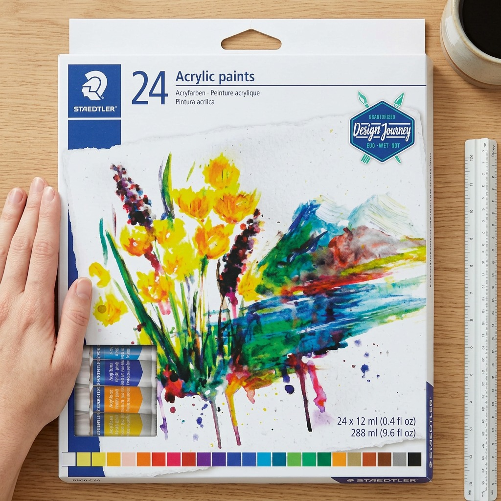 A close-up photograph comparing the STAEDTLER acrylic paint package to a person's hand.