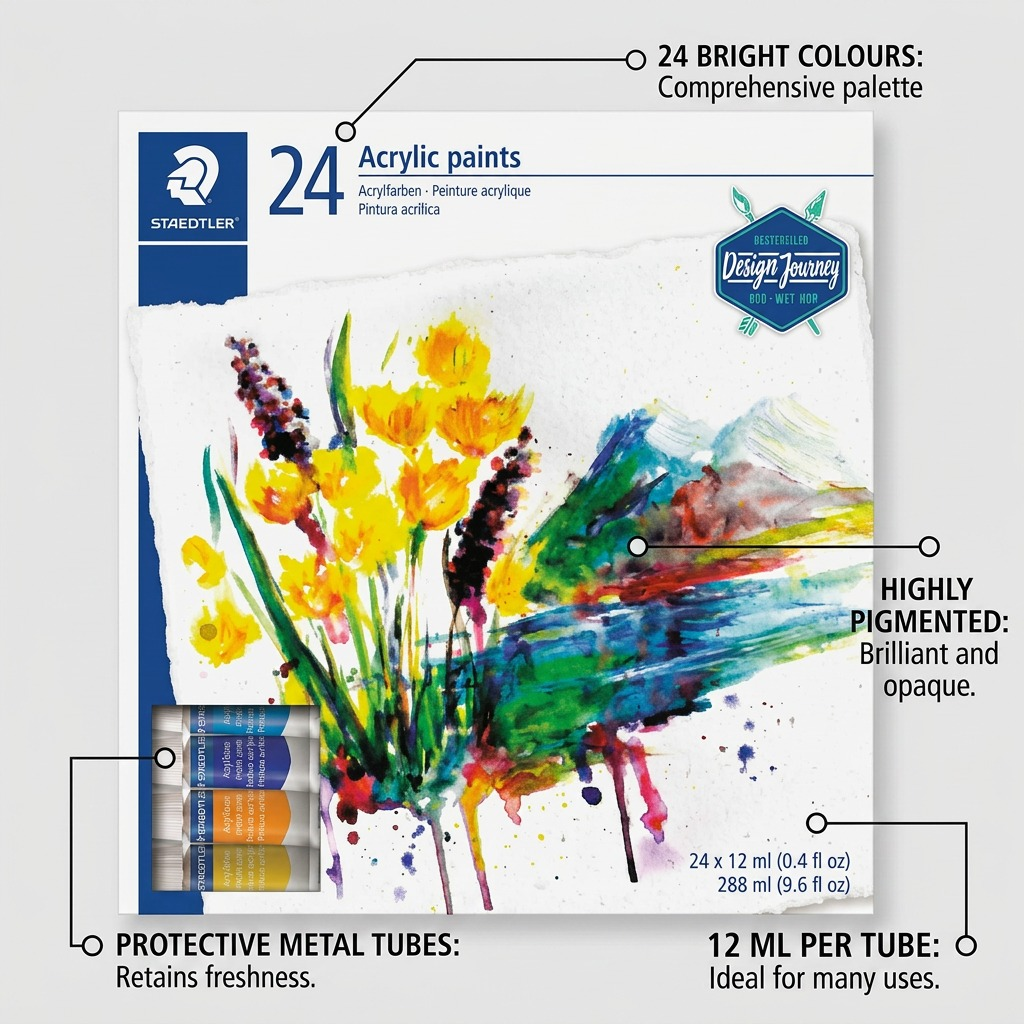 Ecommerce graphic highlighting features of the STAEDTLER acrylic paint set, including 24 bright colors, metal tubes, metal viscosity, and 12 ml tube capacity.