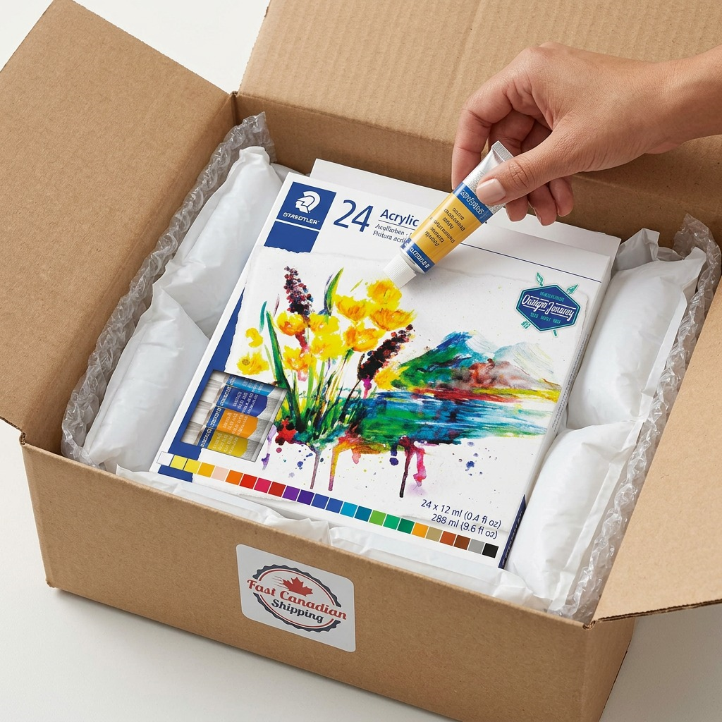 A close-up unboxing shot of the STAEDTLER acrylic paint set, delivered intact in protective bubble wrap.
