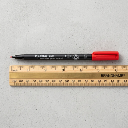 A detailed flat-lay photograph showing a single red STAEDTLER Lumocolor permanent XFINE marker, with its cap on, placed alongside a standard, commonly available black plastic AA battery for direct size comparison. They are arranged on a clean, light-grey textured concrete surface.<ctrl46>