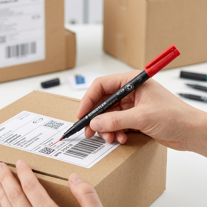 A lifestyle image featuring the red STAEDTLER permanent marker being used to write on a label, emphasizing its point.