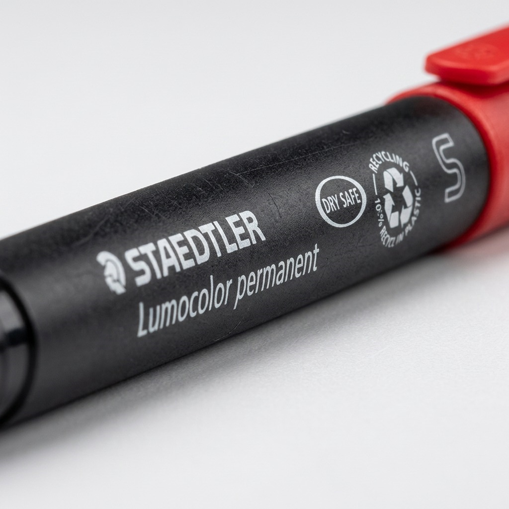 Extremely detailed macro shot of STAEDTLER permanent marker barrel, showing sharp printing and product certification marks.
