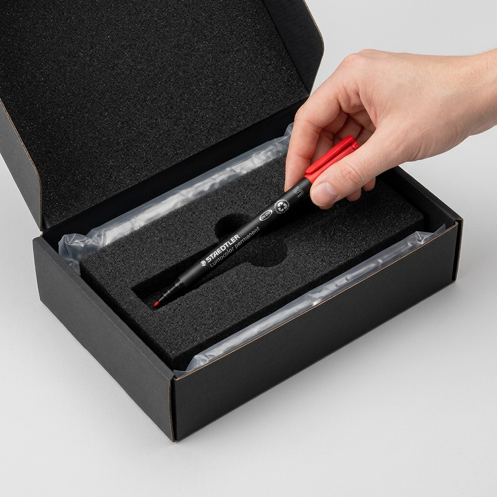 A STAEDTLER permanent marker with its red cap is safely unboxed from protective foam packaging.