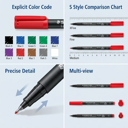 A clean e-commerce variant matrix showing the STAEDTLER permanent red marker color, size options, and multiple views.