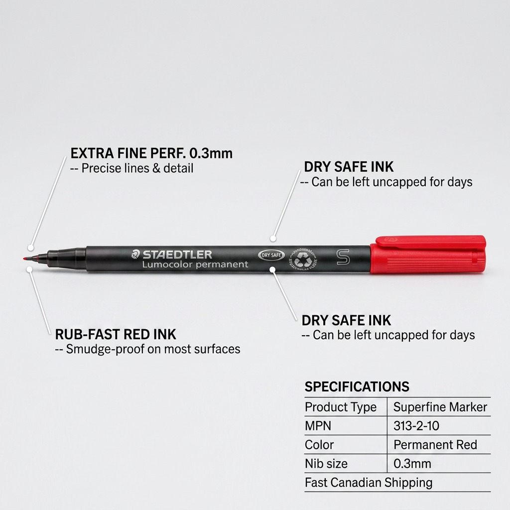 Feature callout graphic of the STAEDTLER permanent red marker with 0.3mm nib and dry-safe ink.