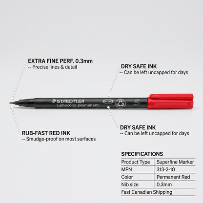Feature callout graphic of the STAEDTLER permanent red marker with 0.3mm nib and dry-safe ink.