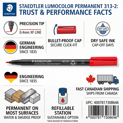 Infographic with factual cues about Staedtler Lumocolor permanent red marker and Canadian shipping.