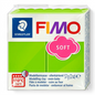 High-resolution hero shot of STAEDTLER Fimo Soft modelling clay, apple green, in clear packaging on a white background.