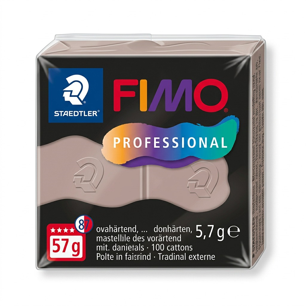 A premium high-resolution ecommerce hero shot of the STAEDTLER Fimo Professional Taupe modelling clay block, featuring crisp details and a clean shadow on a white background.