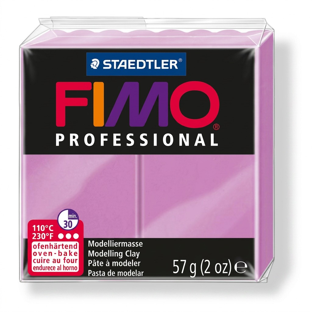 A high-resolution ecommerce hero shot of a 57g block of lavender Fimo Professional modelling clay.