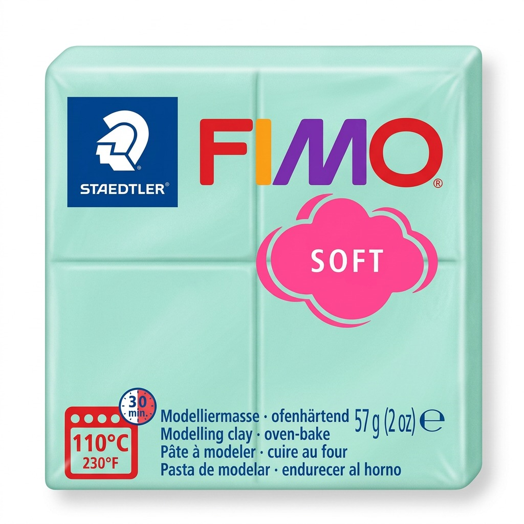 A close-up photograph of one block of light mint green STAEDTLER Fimo Soft polymer modelling clay, focusing on its specific shape and logo markings.