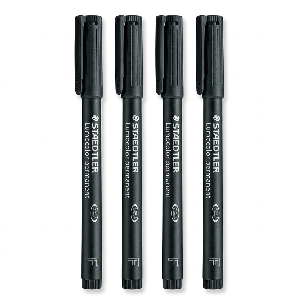 High-resolution macro photograph of four black Staedtler Lumocolor permanent markers, upright on a white background.