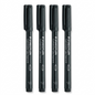 High-resolution macro photograph of four black Staedtler Lumocolor permanent markers, upright on a white background.