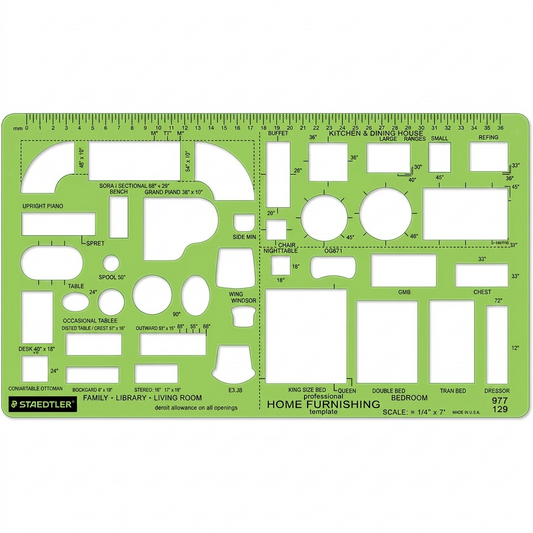 A high-resolution product photograph of the green plastic Staedtler 977 129 Home Furnishing Template, featuring a variety of architectural symbols and measurements.