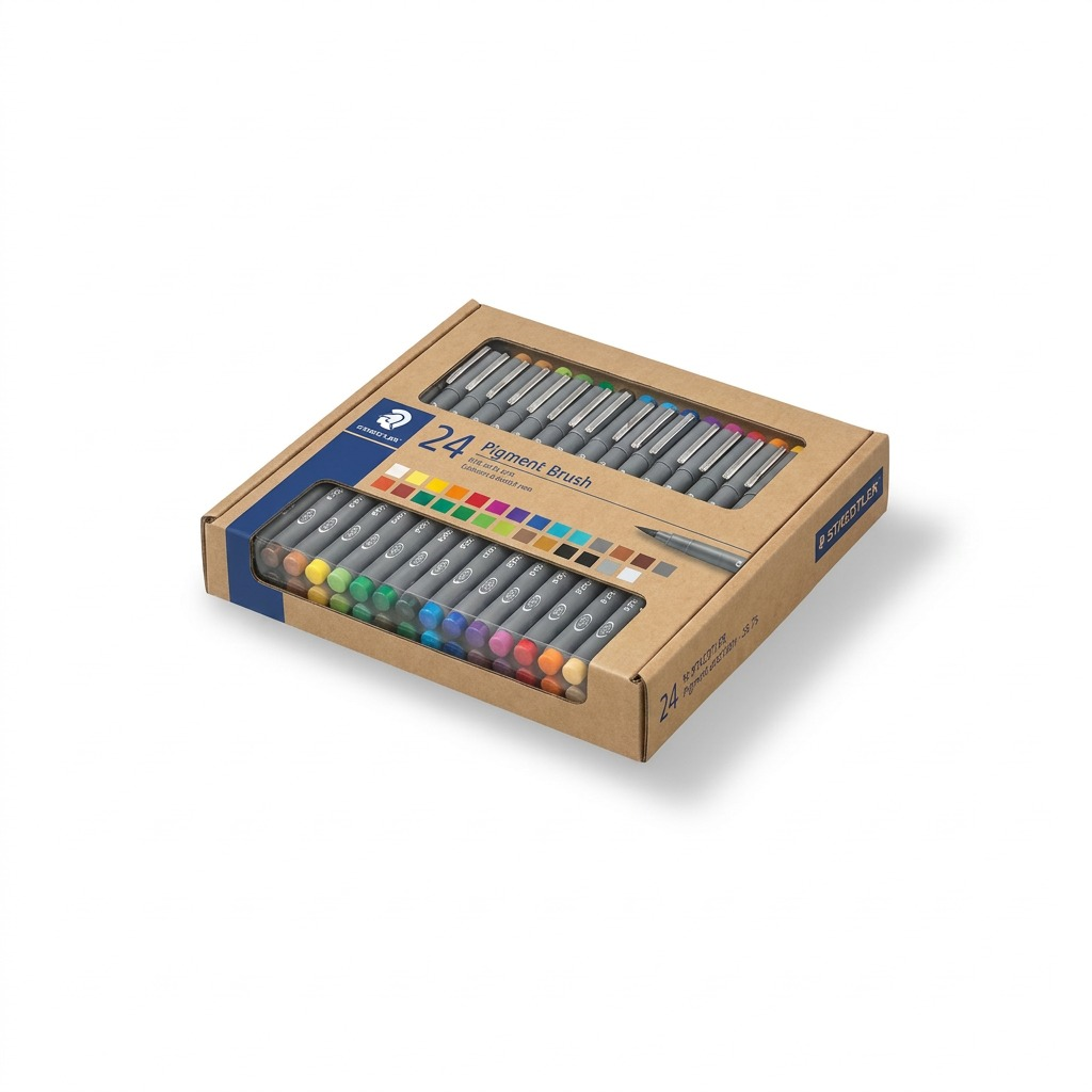 A high-resolution ecommerce hero shot of the STAEDTLER 371-C24 Pigment Arts Brush set of 24.