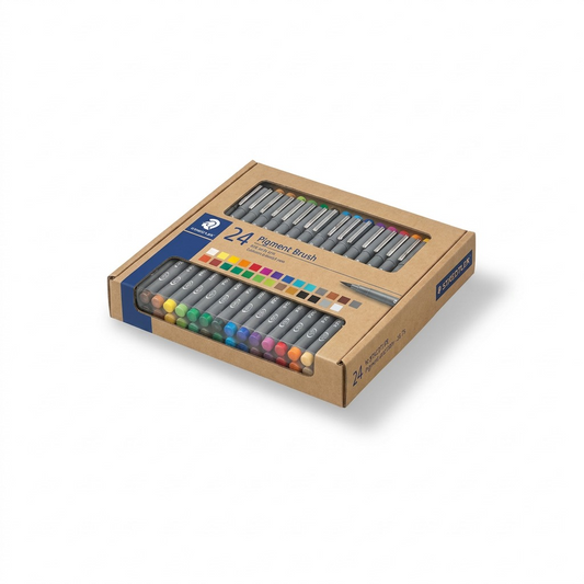 A high-resolution ecommerce hero shot of the STAEDTLER 371-C24 Pigment Arts Brush set of 24.