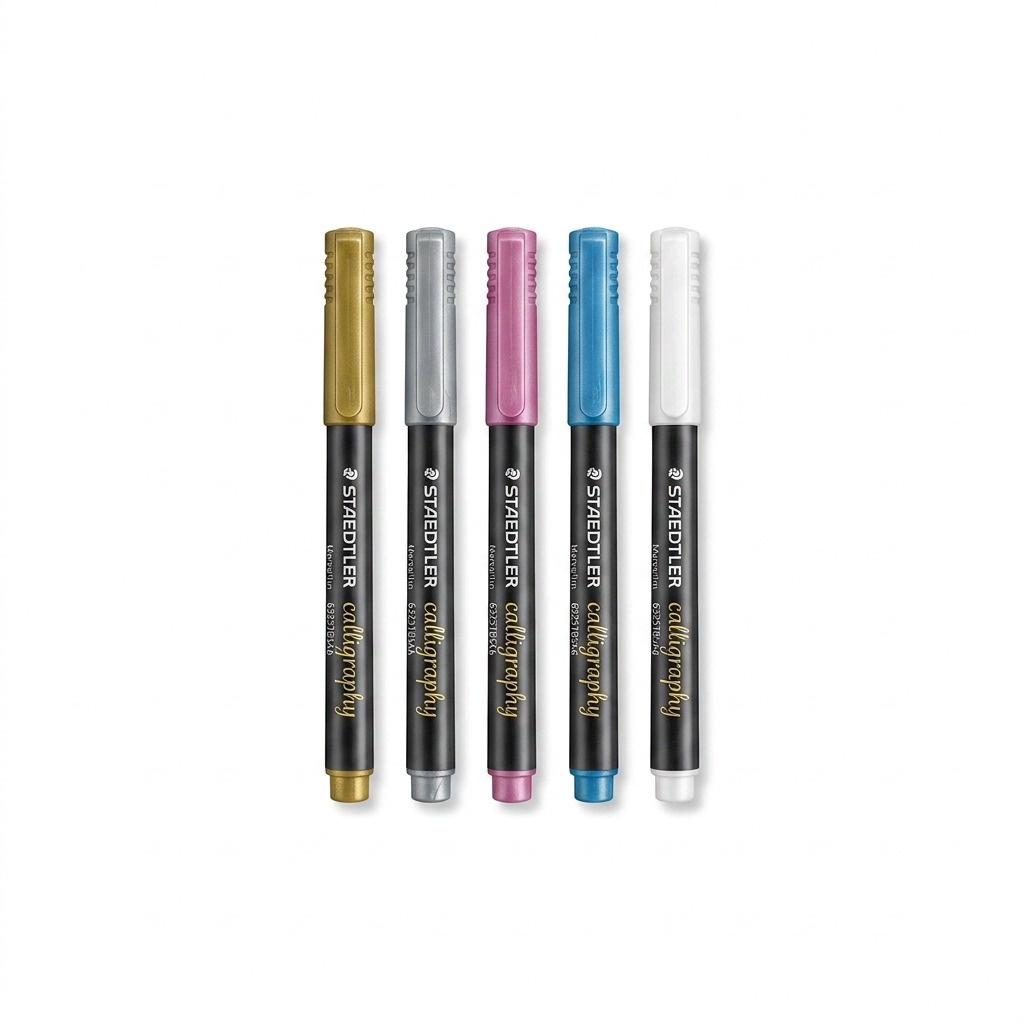 A clear hero shot of five metallic calligraphy markers on a white background.
