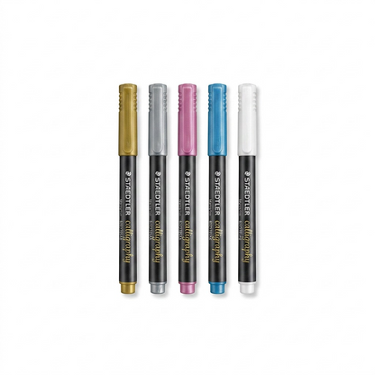 A clear hero shot of five metallic calligraphy markers on a white background.