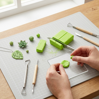 A detailed flat-lay photograph showing an open block of Apple Green Fimo Soft clay on a craft mat, next to finished small clay items and sculpting tools. Accurate product and scale. (89 characters)