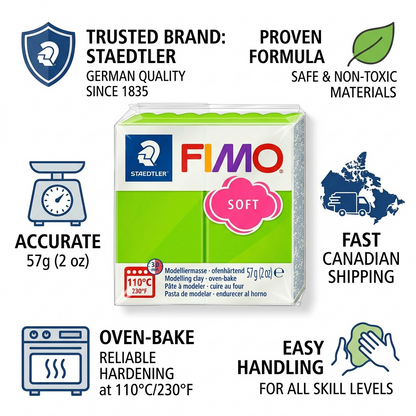 A trust and authority infographic for STAEDTLER Fimo Soft Apple Green 57g modeling clay, with fast Canadian shipping icons.
