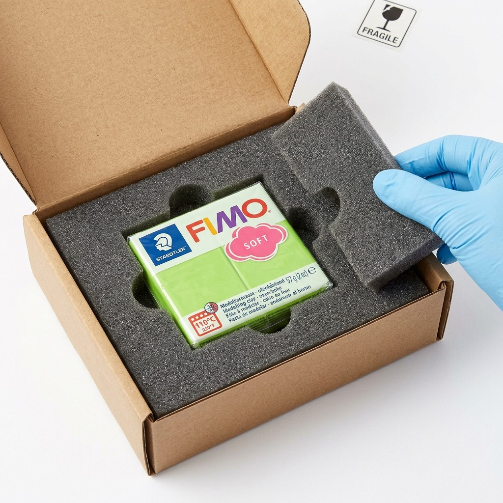 An image of the Fimo Soft clay block securely snuggled into customized protective foam inside a clean, sturdy box for reliable shipping.