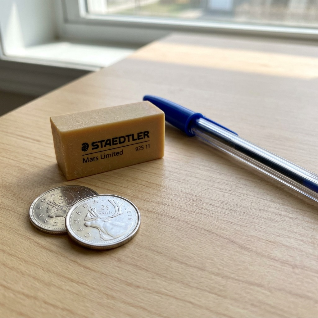 A photo of the specified STAEDTLER eraser, maintaining all original details and markings, is placed on a light wooden desk, positioned immediately next to two stacked standard Canadian quarters, offering a precise visual scale comparison in a neutral environment.