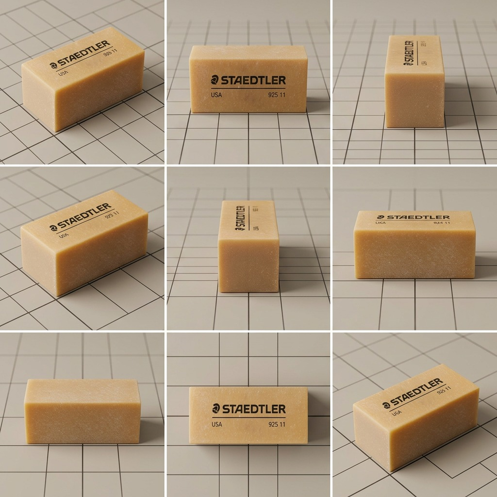 A matrix of nine images displaying the specific STAEDTLER Mars Limited 925 11-04 eraser product from nine distinct angles on a grid-patterned surface.