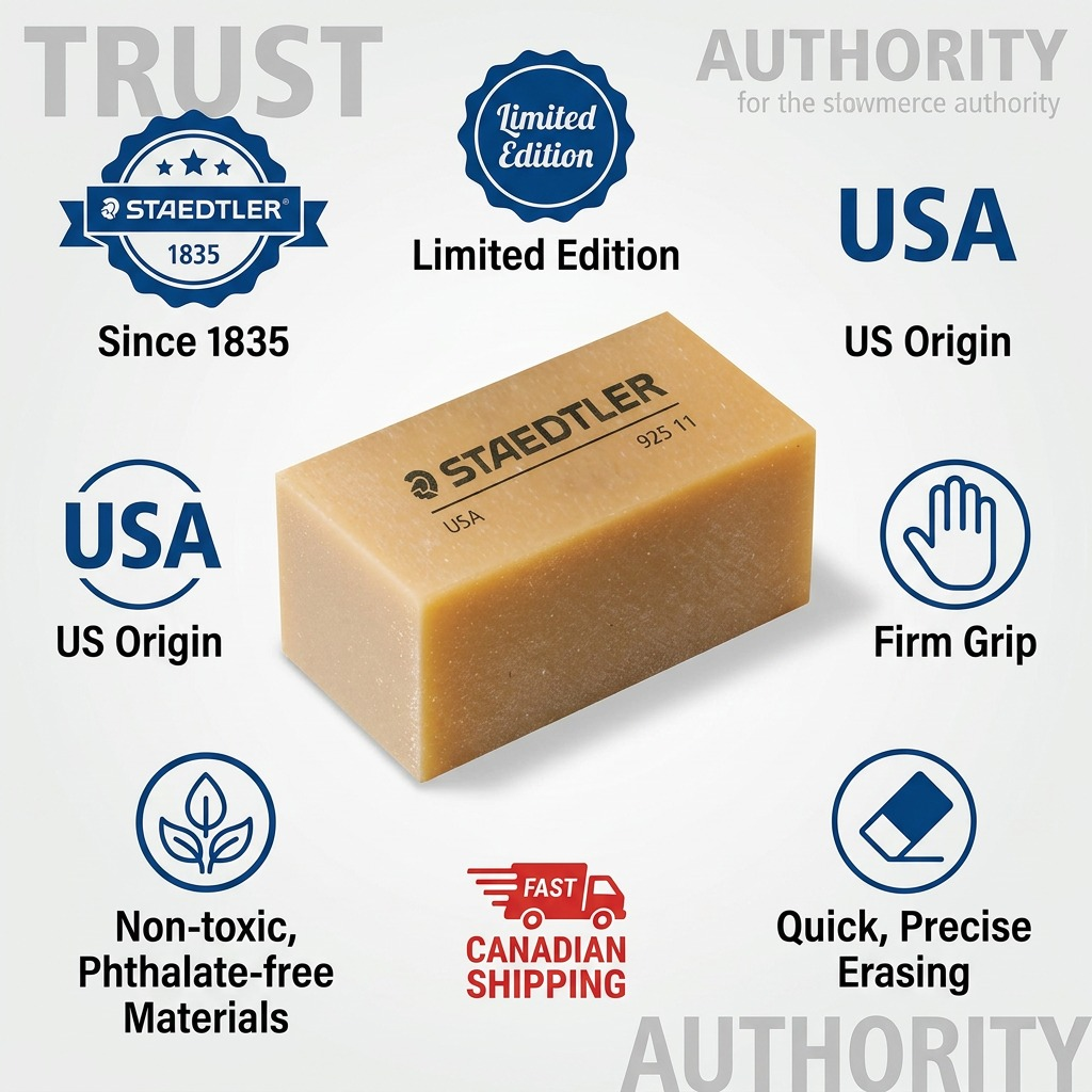 An infographic showcasing the STAEDTLER 925-11 eraser with trust icons and Canadian shipping.