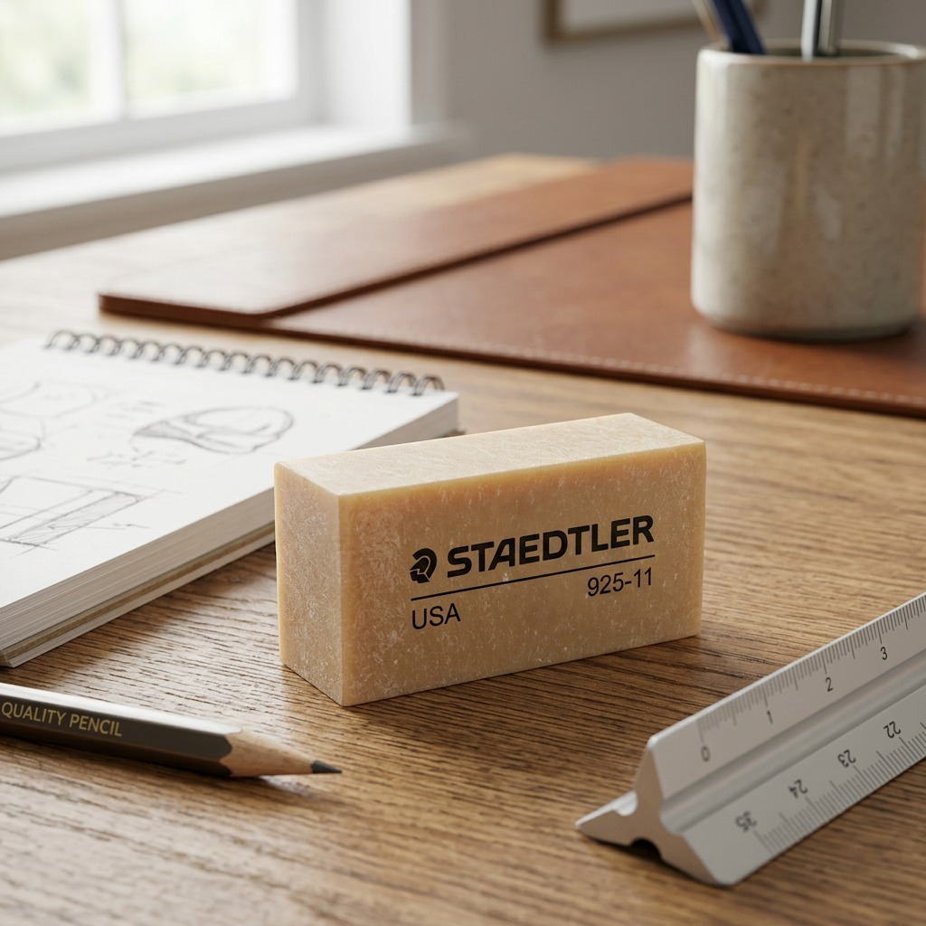 A high-resolution photo of the STAEDTLER eraser in its light tan/beige color with clean edges, resting on a wooden desk next to a mechanical pencil and notebook, capturing its textured finish and specific product details like '925-11' and 'USA' text, with natural lighting.