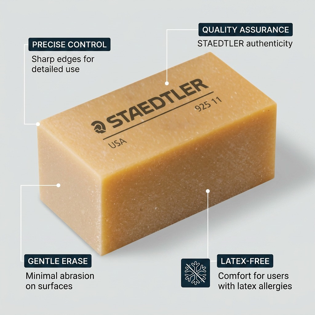 STAEDTLER block eraser identified and featured with clean callout graphics, minimal text benefits, and neutral background.