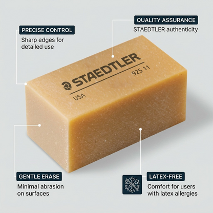 STAEDTLER block eraser identified and featured with clean callout graphics, minimal text benefits, and neutral background.