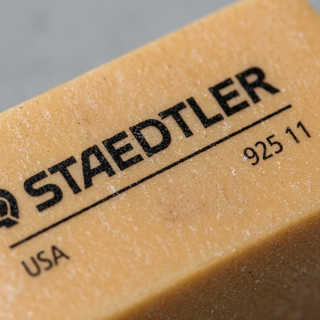 An extreme close-up photograph with a shallow depth of field, focusing on the textured surface and printed logo of the tan block eraser.