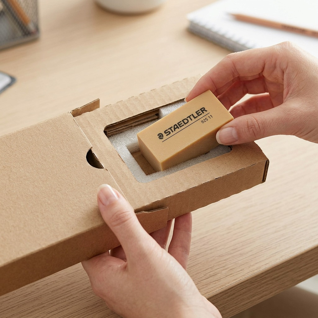 An unboxing scene shows a protective card sleeve around the STAEDTLER Mars 0925-11-04 eraser.