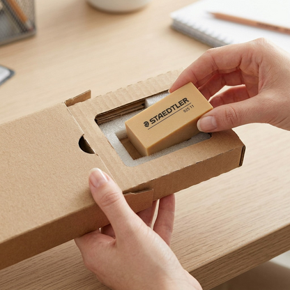 An unboxing scene shows a protective card sleeve around the STAEDTLER Mars 0925-11-04 eraser.